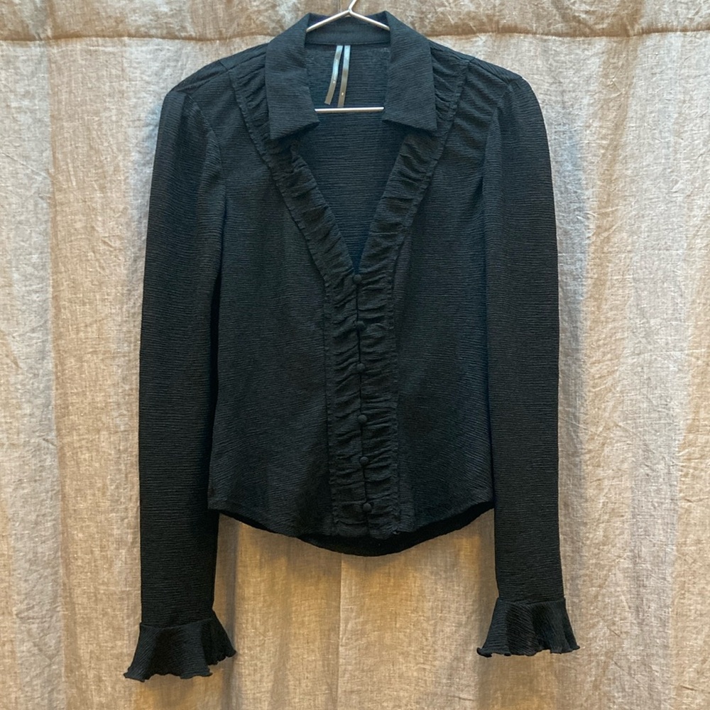Anthropologie Black Long Sleeve Ruffled V-Neck Blouse